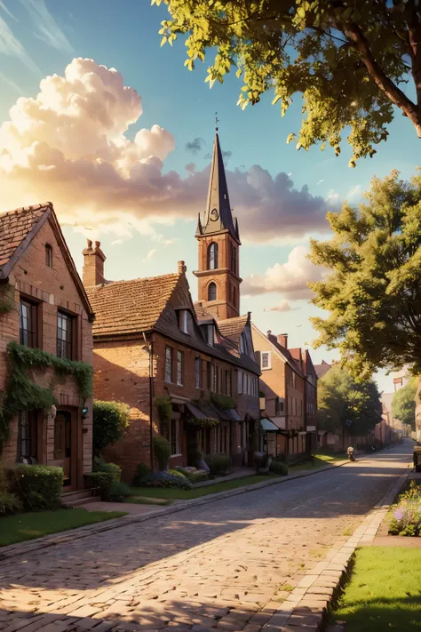 sunny day landscape, atmospheric sunny village, detailed brick buildings, 4K, high resolution, photorealistic, professional landscape painting, detailed brick buildings, lush greenery, cobblestone streets, picturesque town square, old-world charm, warm sun...
