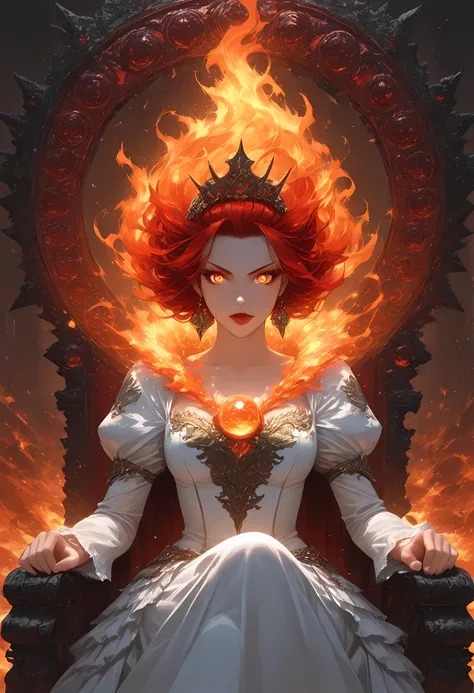  picture of a fire queen sitting on her fiery throne, a (fire queen) wearing white dress, royal dress, glamorous dress, dynamic hair, bold intense eyes, extremely exquisite beautiful queen, perfect body,  ultra feminine, ultra detailed face, red lips, fier...