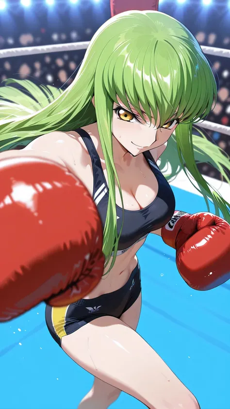 C.C., Code Geass, green hair, gold eyes, solo, (punching at viewer:1.3), long hair, black sports bra, black sports very short spats, boxing gloves, bare thigh, cleavage, medium breast, Perfect body, detailed eyes, detailed face, glaring smile, looking at ...