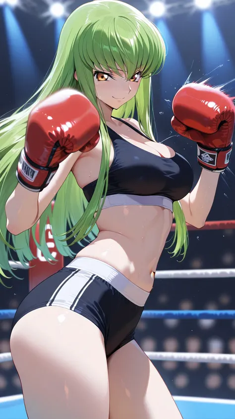 C.C., Code Geass, green hair, gold eyes, solo,  (punching at viewer:1.3), long hair, black sports bra, black sports very short spats, boxing gloves, bare thigh, cleavage, medium breast, Perfect body, detailed eyes, detailed face, glaring smile, looking at ...
