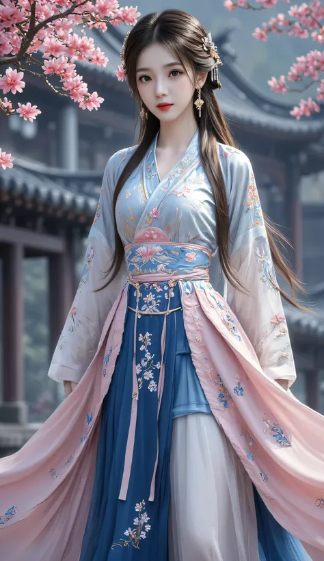 1qqq,reality,best quality,classics,highres,(exquisite body:1.5),beautiful face,(Milky skin:1.3),intricate detail,high resolution,wallpaper, A girl,solo,dress,hair accessories,(((blue and pink skirt))), flowers ,long hair, brunette ,mouth closed,jewelry,Lon...