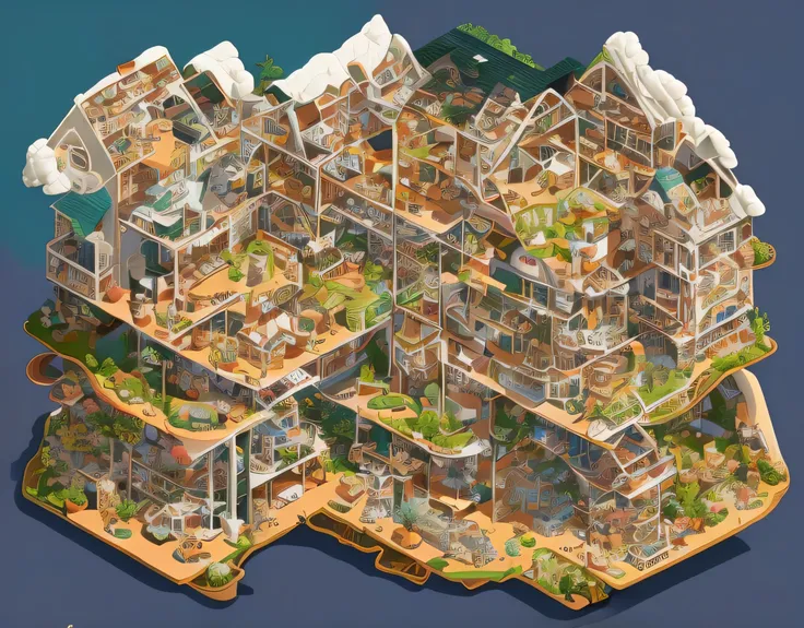 isometric cutaway of a large multi-story house in a countryside setting, during golden hour. The house is full of humans (not animals), shown clearly and in various joyful scenarios: people dining together, cooking in a rustic kitchen, reading by the windo...