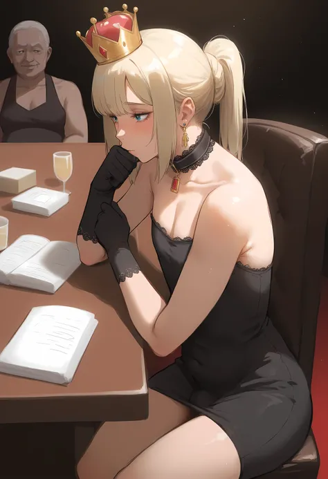 score_9, score_8_up, (candydoII boy with milfy slim sculpted body), puffy thicc man-chest:1.2, puffy chest, solo sugar femboy w/ mature body, (anime mature femboy with pale-blonde shoulder-length hair with swept bangs), (mommy style loose low short ponytai...