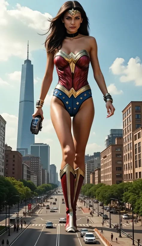 A stunning cinematic picture of the Beautiful young girl dressed giantess version as caracter Wonder-Woman, Full body shot, from the front, (skinny slim petite body, skinny athletic toned body)、big breasts, Compared to the height of a giant woman 、Giantess...