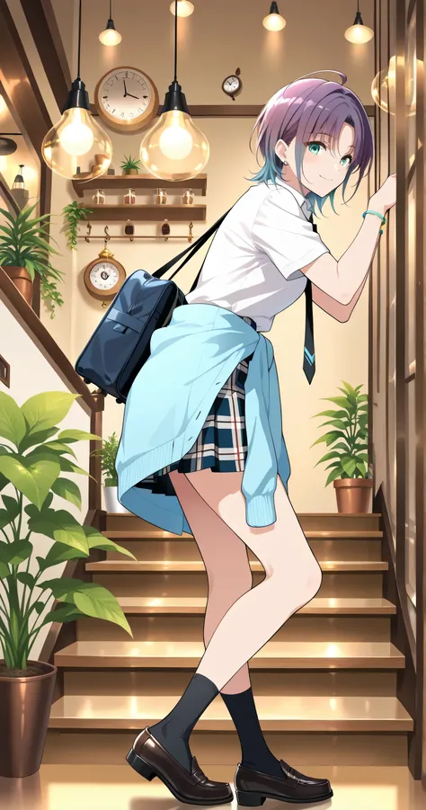 insanely detailed, 2Danime-style solo, Cell-shaded style, (flat color:1.3), (Toru Asakura, t_asakura), (full body, side view, Feet out of frame Face to below knee), (contrapposto), (light smile, Looking at viewer), (Sleek and slender figure, youthful), (Fl...