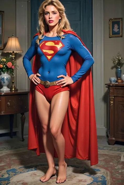 full size of helen slater standing pose with 1980s supergirl costume in a peril situation