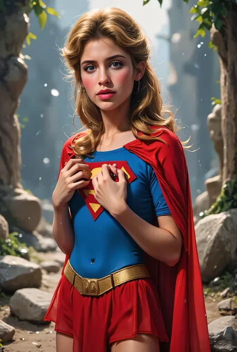 full size of helen slater standing pose with 1980s supergirl costume in a peril situation