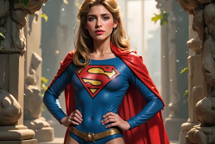 full size of helen slater standing pose with 1980s supergirl costume in a peril situation , magical bacground