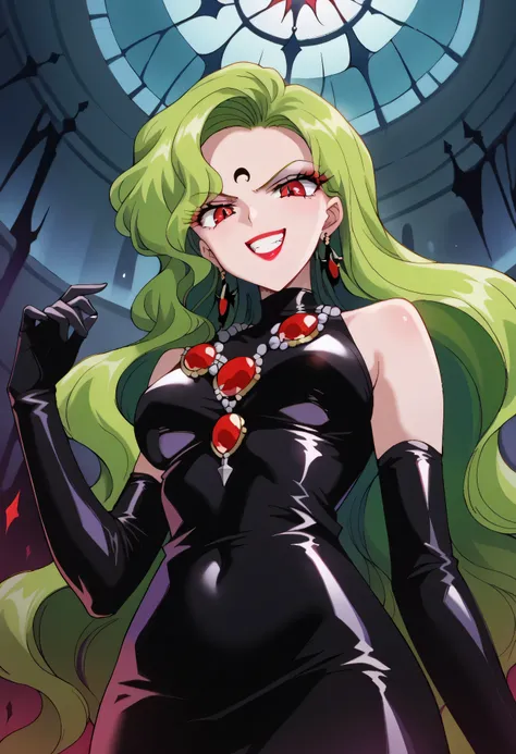 1 woman, beautiful face above the castle gate, green hair, very long hair, wavy hair with a graceful expression, LATEX ONLY , latex black gloves, red lipstick, makeup, elbow-length gloves, eyeshadow, bare shoulder,shiny latex black dress, gemstone necklace...