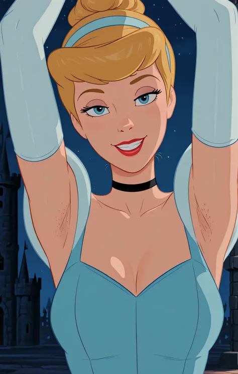 masterpiece, best quality, amazing quality, official style, screencap, 1girl, solo, CinderellaXL, blonde hair, hair bun, hairband, choker, elbow gloves, blue dress, blue eyes, makeup, red lips, arms up, raised arms, head towards viewer, looking at viewer, ...