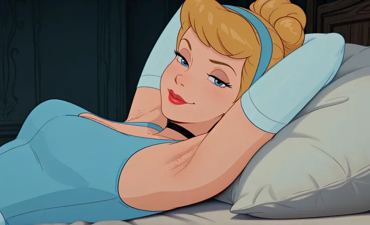 masterpiece, best quality, amazing quality, official style, screencap, 1girl, solo, CinderellaXL, blonde hair, hair bun, hairband, choker, elbow gloves, blue dress, blue eyes, makeup, red lips, arm behind head, head towards viewer, looking at viewer, armpi...