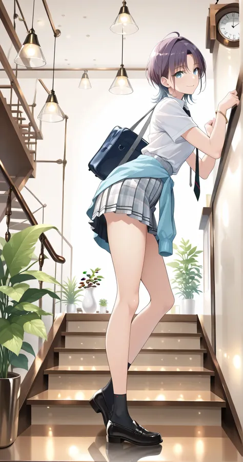 insanely detailed, 2Danime-style solo, Cell-shaded style, (flat color:1.3), (Toru Asakura, t_asakura), (full body, side view, Feet out of frame Face to feet), (contrapposto), (light smile, Looking at viewer), (Sleek and slender figure, youthful), (Flawless...