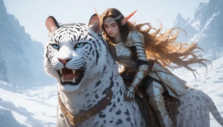 close up of An elven warrior princess with ebony hair, pointed, long ears akin to elves, clad in lightweight red-and-white armor, , riding a white panther with black spots, realistic conceptual graphic in a fantasy world, Illustration, digital art, snow la...
