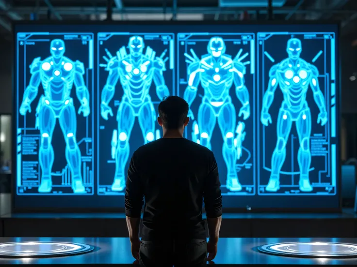 Tony Stark standing in front of holographic Iron Man armor blueprints, wearing casual black shirt and glasses, workshop background with glowing Arc Reactor table, cool blue tones, tech-inspired style, clean vector realism, futuristic comic design
