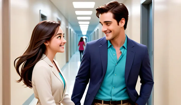 A slow-motion hallway scene where their shoulders nearly touch—he looks back, she smiles softly, but says nothing.