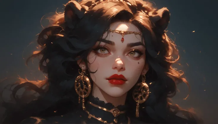 a woman made, she is in the wild with a black panther next to her . With a soft expression and bold red lips, she exudes confidence and elegance, digital art,