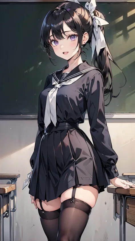 (8-head body), ( Extremely Detailed CG ), (Unity 8k), (Highest Quality), (very detailed), (Ultra High Definition), black hair, dark blue sailor suit, Dark blue skirt, high school girl, Animated 2D Render, Purple Eyes, small breasts, tall, Suspended Eyes, ...
