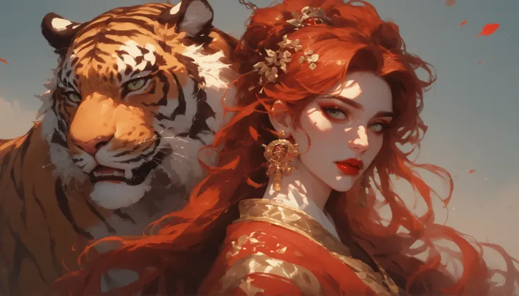 a woman made, she is in the wild with a tiger, . With a soft expression and bold red lips, she exudes confidence and elegance, digital art,