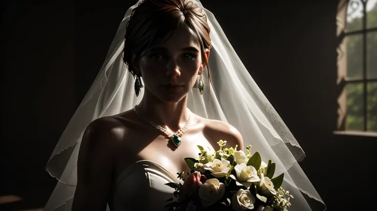 score_9, score_8_up, score_7_up, score_6_up, TLOU2Ellie, 1girl, brown hair, green eyes, photography, portrait, beautiful bride, jewelry, earrings, ornamented wedding gloves, expinsive ornamented long wedding_dress, expensive gorgeous ornamented, elegantly ...