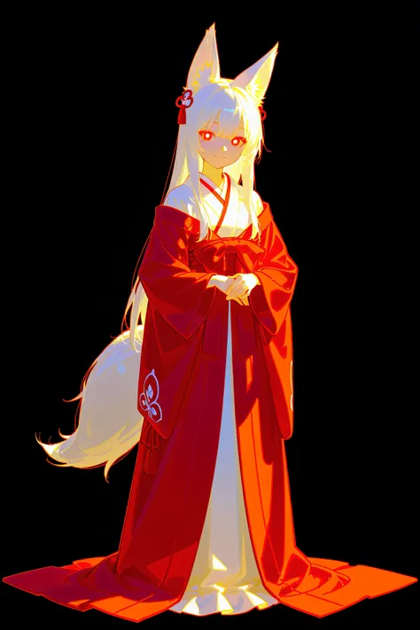 A full-body anime-style standing character of a mysterious shrine maiden with white fox ears and long, dusty white hair. She wears a traditional white and red shrine maiden outfit. Her eyes are glowing crimson, slightly narrow like a fox, and her expressio...