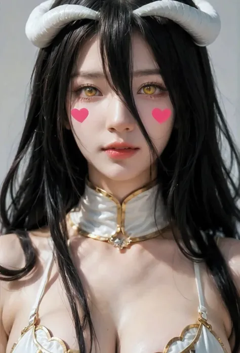 ( masterpiece ,  best quality ), 1 girl,2d, beautiful face, demon horns ,( long black hair ),( black hair)( black hair largo),( yellow eyes ),pesones with cold , HIGH QUALITY,ultra detailed , albedo,choke, long hair, big breasts , self-adhesive stickers fo...