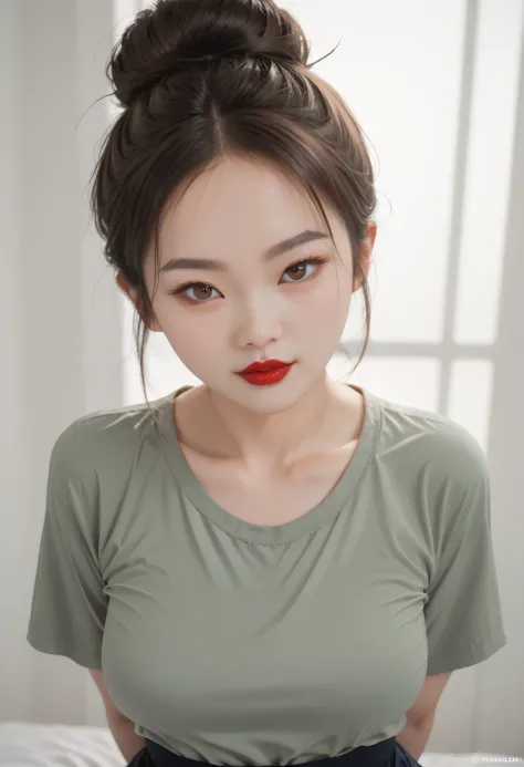 simple background, perfect face, hair bun, brown hair, (forehead), black thin eyebrows, big glowing brown eyes, thick red lipstick, beautiful woman, shirt, green shirt, medium breasts, pov, fisheye lens effect, ((female asian)), asian, arms behind back