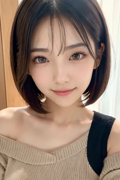 (((face up)))、(((straight short bob hair)))、(((Casual Black Off Shoulder Summer Knit Dress)))、Half Japanese、Half Korean 、 18 year old girl、beautiful breasts、Thin Waist、independent、Expectations、Light eye makeup、Brown hair color、 flat at honny 、hair blown in...