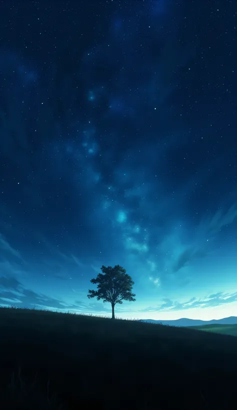 Large plateau with low grass and starry sky above, silhouette of a lonely tree in the corner — epic, introspective atmosphere perfect for nighttime thoughts or existential themes.