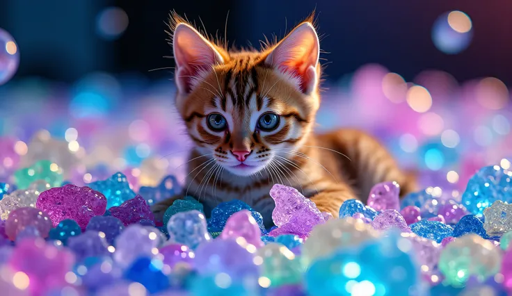 zoom zoom ,(macro:1) Photo, cute kitten cat plays in ,( fractals Mandelbulb :4)  thousands of candy-colored glass shards on an opalescent counter,condensation,effervescent,detailed, intricate,key light,illuminating from the back,Fill light, Three-point lig...