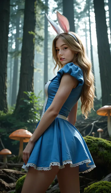 (La best quality,A high resolution, Ultra - detailed,actual),Alice Wonderland, short blue dress, white thigh media, long yellow hair, ,(Dungeon ruins background in ruined cyberpunk dark forest :1.4 ), More detailed 8K.Unreal Engine:1.4,UHD,La best quality:...