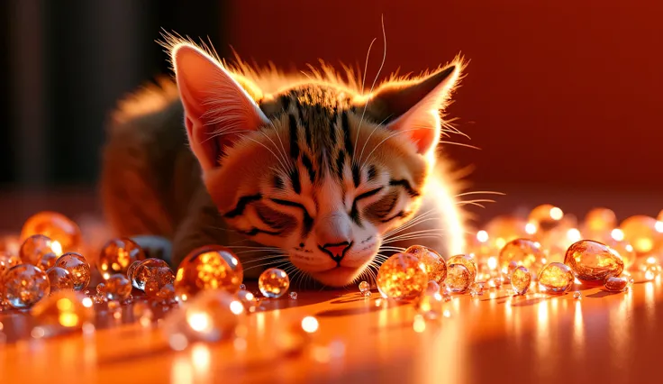 zoom zoom ,(macro:1) Photo, cute kitten cat plays in ,( fractals Mandelbulb :4) thousands of caramel-colored glass fragments on an opalescent counter,condensation,effervescent,detailed, intricate,key light,illuminating from the back,Red fill light, Three-p...
