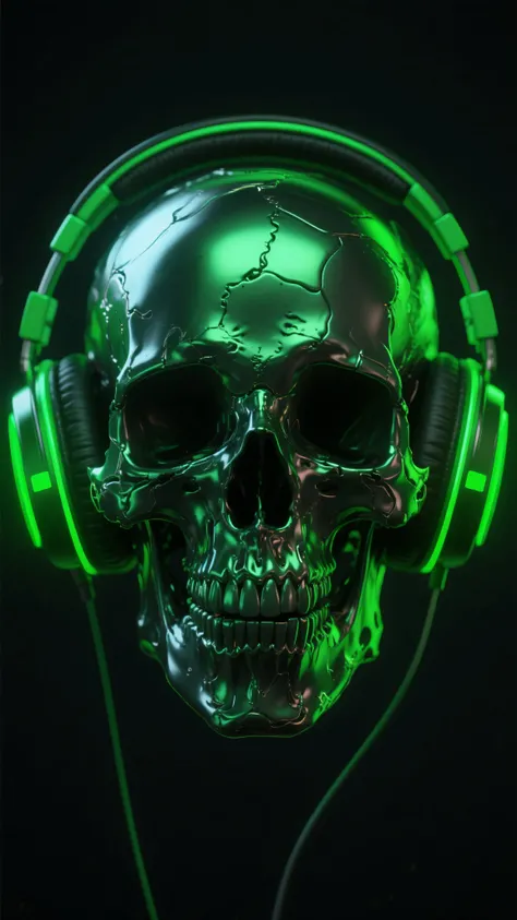 skull wearing headphones, green and black on dark background