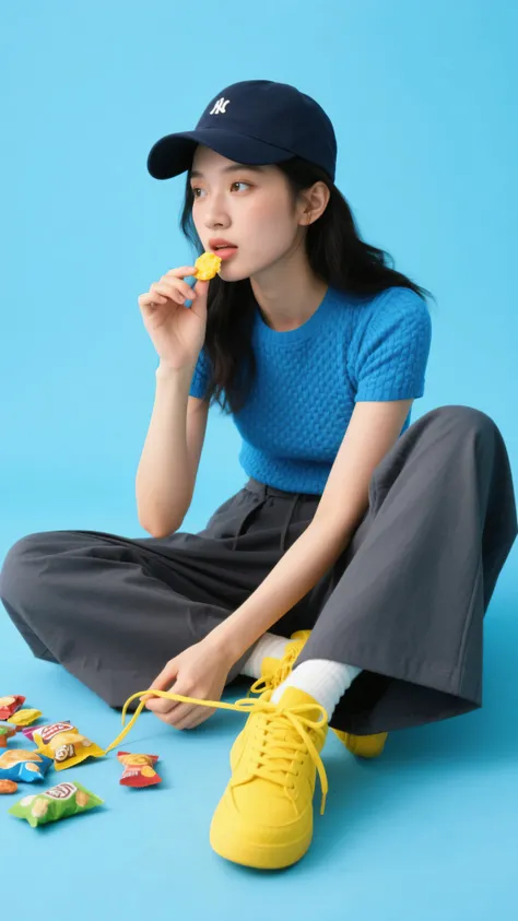 8k, Masterpiece, Top Quality, Eye-level, Full shot, woman, dark hair under dark baseball cap, fair skin, seated on floor, adjusting bright yellow sneaker lace, holding small yellow snack near face, looking slightly away, wearing blue textured short-sleeve ...