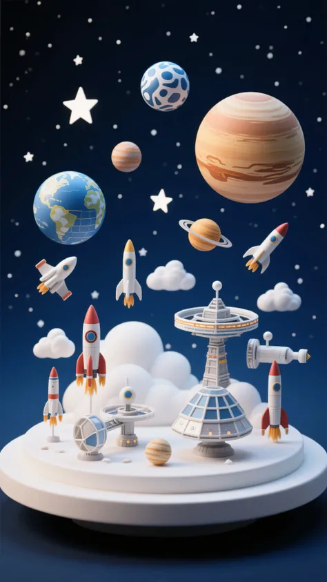 8k, Masterpiece, Top Quality, Eye-level, Low angle, diorama, space theme, various planets (spheres with patterns), stars (flat and 3D), rockets (multiple designs), space stations (geometric), clouds, on white circular base, dark blue background with small ...