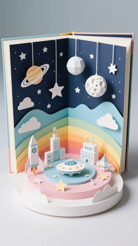 8k, Masterpiece, Top Quality, pop-up book style paper craft diorama, space theme, Eye-level, Slightly high angle, layered paper cutouts creating depth, background shows pastel rainbow hills/layers (light blue, green, yellow, orange, pink), dark blue book p...