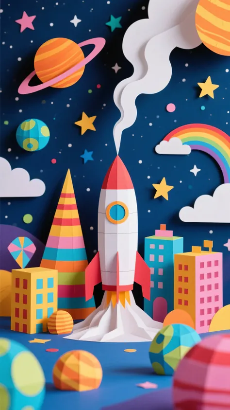 8k, Masterpiece, Top Quality, diorama, colorful space theme, central rocket launch with exhaust smoke, paper craft design, various geometric buildings (cone, cylinder), multiple planets (spheres with patterns), stars of various sizes and shapes, vibrant ra...