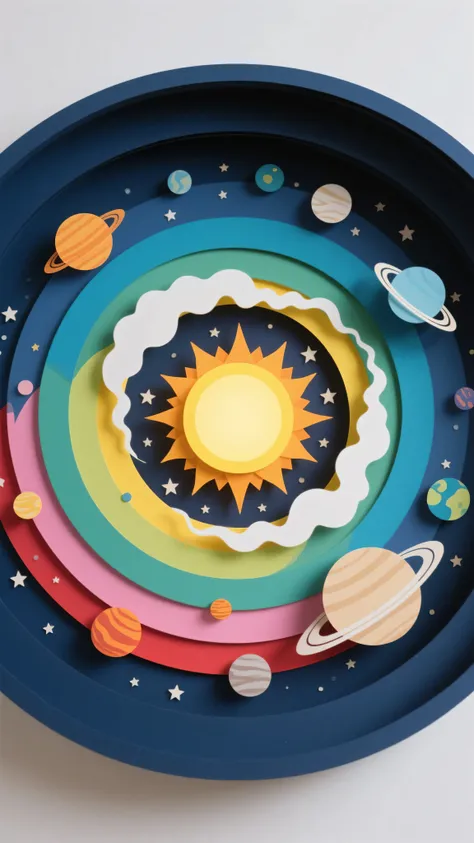 8k, Masterpiece, Top Quality, circular paper craft diorama, solar system theme, Overhead view, Slightly high angle, contained within a dark blue circular frame, multiple concentric layers of cut paper creating depth, central glowing yellow sun, layers colo...