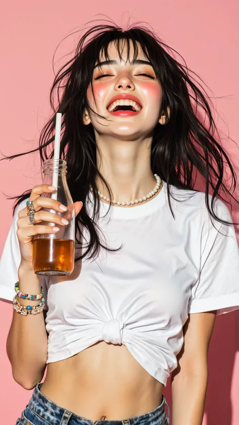 8k, Masterpiece, Top Quality, Eye-level, Medium close-up, woman, dark wavy hair blowing, fair skin, heavy pink blush, dynamic laughing pose, eyes closed, holding glass bottle with straw, midriff visible, wearing knotted white t-shirt, pearl necklace, brace...
