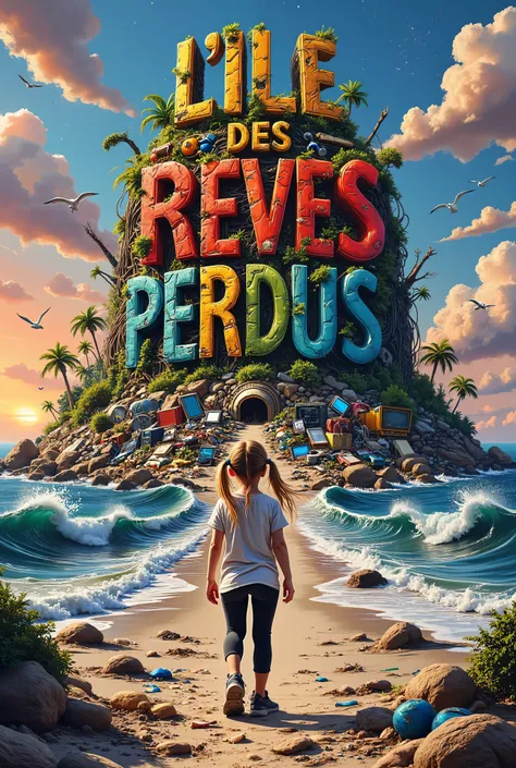 A whimsical, vibrant illustration featuring the title : “L'ILE des REVES PERDUS” made in recycled waste, garbage damaged letters in a grunge, gross, cartoon font, this title on top of a nasty polluted island hill of trash, a dirty ocean around filled with ...