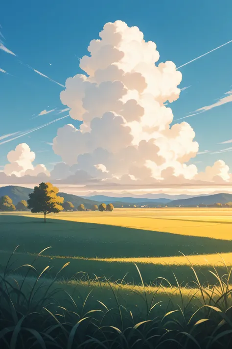 great field full of grass and a couple of trees. Day time, clear sky, panoramic view, wallpaper style.