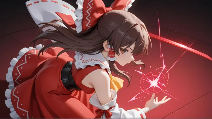 {{{cyberpunk}}},action pose out of frame,      ,very close to viewer,lean forward,{{squat}},hand on ground,{{bend down}},battle scene, [foreshortening], girl, mouth,   powder light, crackling energy ,from above,[Dutch angle],[[white background]],hakurei re...