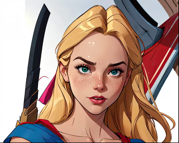 Linda poses in portrait mode Cartoon character in dynamic pose two women with freckles on their faces Disney Princess Anna de Arendelle q a woman in a superhero costume flying through the air, supergirl, Gal Gadot as Supergirl, female superhero proportions...