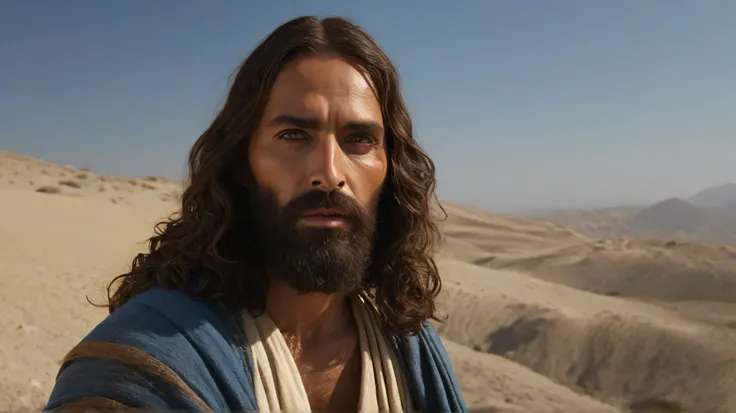 Ultra-detailed close-up of Jesus (Semitic man, neatly trimmed brown beard, dark brown eyes, sun-tanned skin) kneeling, writing on the ground  with his index finger (dirt under his fingernail, dorsal veins protruding). Its blue cloak (texture of carded wool...