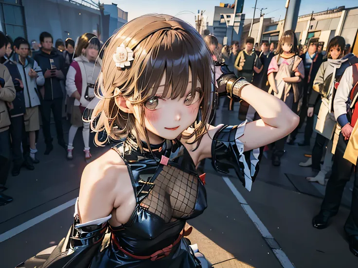 (upper body:1.2), (from above:1.2),(close up head:1.2),
 (arms behind head),　
bewitching expression,　(blush), drunken eyes, half closed eyes, parted lips, (smile),
ruanyi0229,breast curtains, black bodysuit, cross-laced clothes, shibari, wide sleeves, fish...
