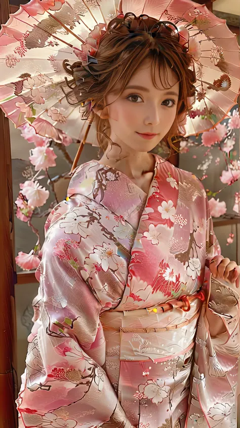 full body、Japanese formal attire 、Woman Wearing a Beautiful Kimono Holding an Umbrella、Super Detail、fantastic、Mysterious、 cinematic lighting 、soft focus、masterpiece、high resolution、bright color、realistic、Goddess of Cherry Blossoms 、Woman Surrounded by Cher...
