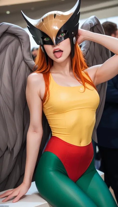 Hawkgirl with long ginger hair, looking at viewer, wearing yellow sleeveless leotards, wearing yellow and black hawk helmet, ((wearing red underwear on top of green leggings)), with white wings behind back, green eyes, half body portrait, wacky expression,...