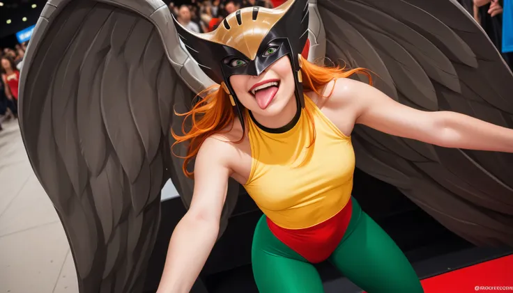 Hawkgirl with long ginger hair, looking at viewer, wearing yellow sleeveless leotards, wearing yellow and black hawk helmet, ((wearing red underwear on top of green leggings)), with white wings behind back, green eyes, half body portrait, happy expression,...