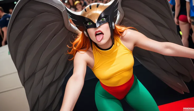 Hawkgirl with long ginger hair, looking at viewer, wearing yellow sleeveless leotards, wearing yellow and black hawk helmet, ((wearing red underwear on top of green leggings)), with white wings behind back, green eyes, half body portrait, wacky expression,...