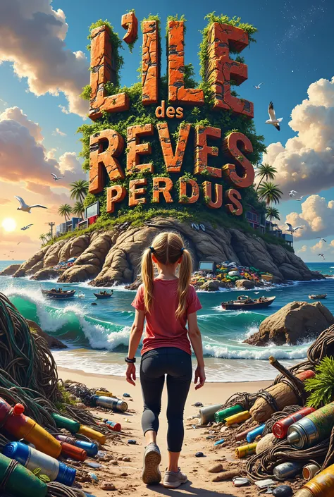 A whimsical, vibrant illustration featuring the title : “L'ILE des REVES PERDUS” made in recycled waste, garbage damaged letters in a grunge, gross, cartoon font, this title on top of a nasty polluted island hill of trash, a dirty ocean around filled with ...
