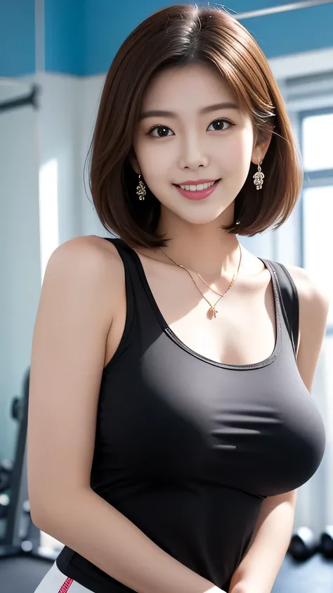 upper body closeup photo anatomically correct 5 fingers beautiful Korean woman in front of the machine (((bob hair))) earrings thin necklace (((Sheer Tank Top))) Big Breasts Sensual Body Enhancement of breast firmness plump thighs and look at the camera ...